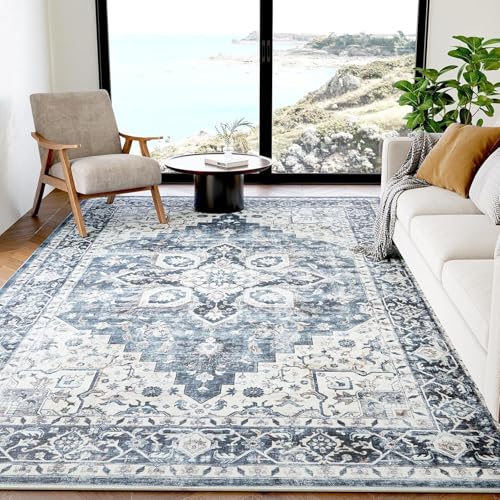 Amada 6x9 Blue Washable Area Rug for Dining Room - Vintage Pattern, Non-Slip