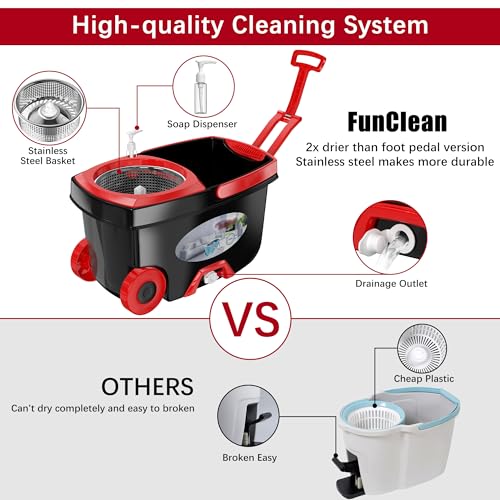 RinseWise Large Spin Mop Bucket Set with Wringer & 6 Microfiber Heads, 2 Gal, Black - Includes 6 Mop Heads