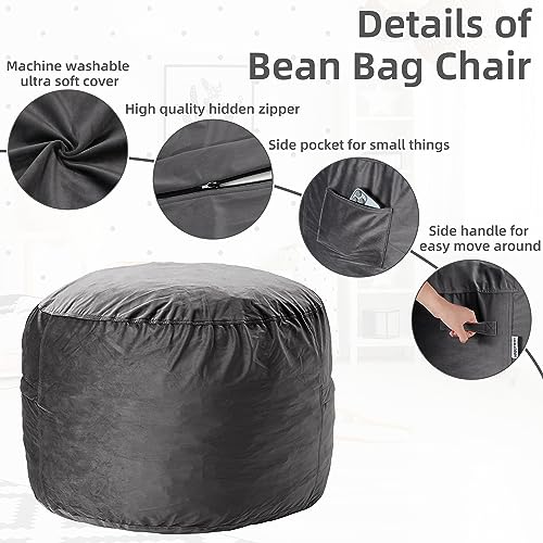 Silver Grey 3ft Velvet Bean Bag Chair with Memory Foam - Adult Lazy Sofa