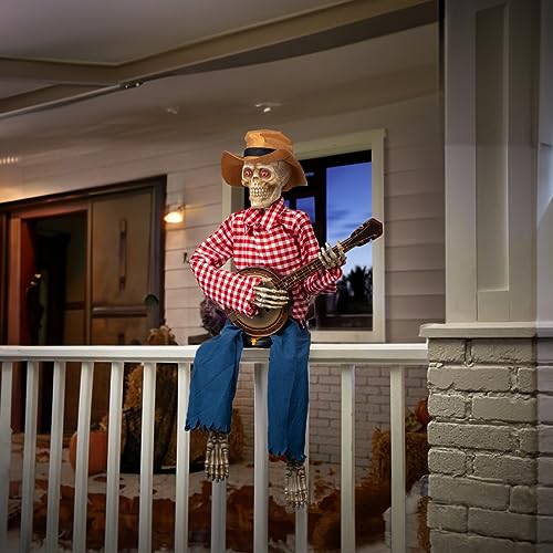 Halloween Animatronics Skeleton with Banjo - Sound & Light Activated Decor - Variation of Banjo Playing Skeleton