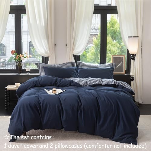 Warm Moment Reversible Navy Blue & White Striped Queen Duvet Cover Set 90x90