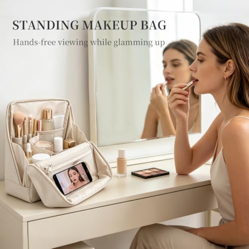 Large Travel Makeup Bag with Waterproof PU Leather - Cream White, Size L