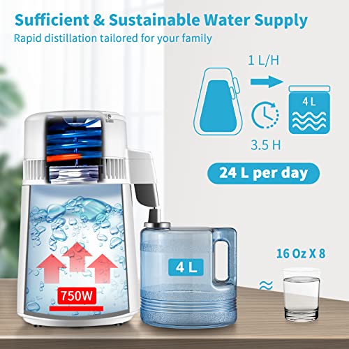 Water Distiller 1.1 Gal - White, 750W Countertop Purification Machine with Timer