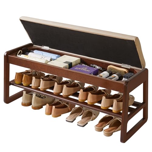 Wood Shoe Rack Bench with Cushion and Hidden Storage - 2 Tiers Entryway Organizer