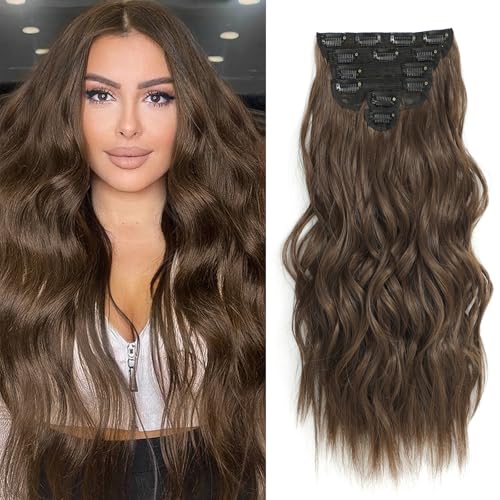 Fliace Medium Brown Clip-In Hair Extensions 20 Inch | Long Wavy Set for Women