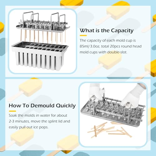 Commercial Stainless Steel Popsicle Molds 20PCS Flat Heads with Double Slots - 85ml