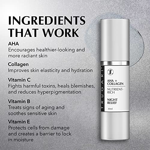 Facial Night Serum with AHA + Collagen, Night Serum for Face, Anti Aging Night Serum, Collagen Boost Anti Aging Serum, Nutrient-Rich Night Face Serum with Vitamins C, B, E, Collagen Skin Care