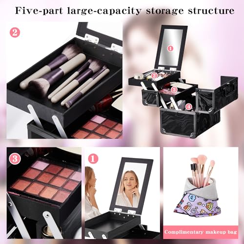 Portable Makeup Train Case with Mirror & 2 Trays - Black Pattern, Travel Cosmetic Organizer