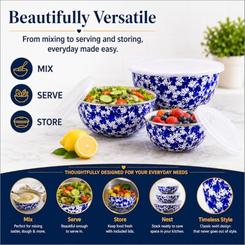 Set of 3 Enamelware Mixing Bowls with Lids - Cobalt Swirl, 3.0-4.5 Qt