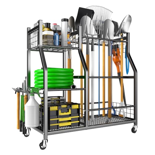 Large Garden Tool Organizer Stand with Wheels - Heavy-Duty Garage Storage