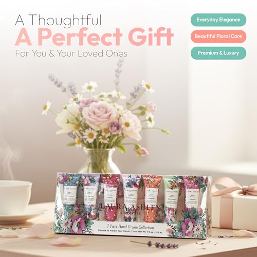 Laura Ashley Hand Cream Set - 7 Piece Hand Lotion Collection for Women, Travel Size Moisturizing Lotion for Dry Skin with Rose, Lavender, Magnolia & Floral Scents - 30ml Each