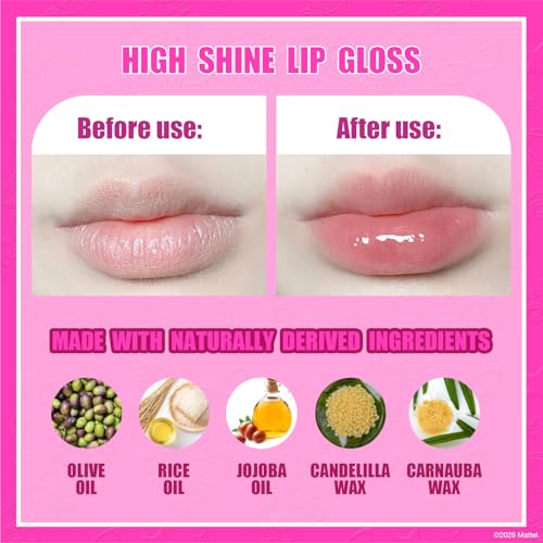 Townley Girl Barbie Lip Gloss with Acrylic Stand for Storage and Display, Plant Based Lip Gloss, Perfect for Parties, Sleepovers, Makeovers, Birthday Gift for Girls, Age 3