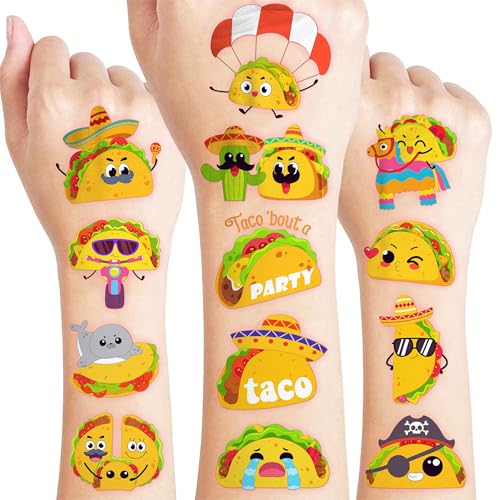 96 PCS Taco Mexican Fiesta Pre-Cut Temporary Tattoos for Kids | Cute Cinco de Mayo Themed Birthday Party Favors, Supplies, Decorations, Fake Tattoo Stickers, School Rewards Prizes & Gifts Boys Girls