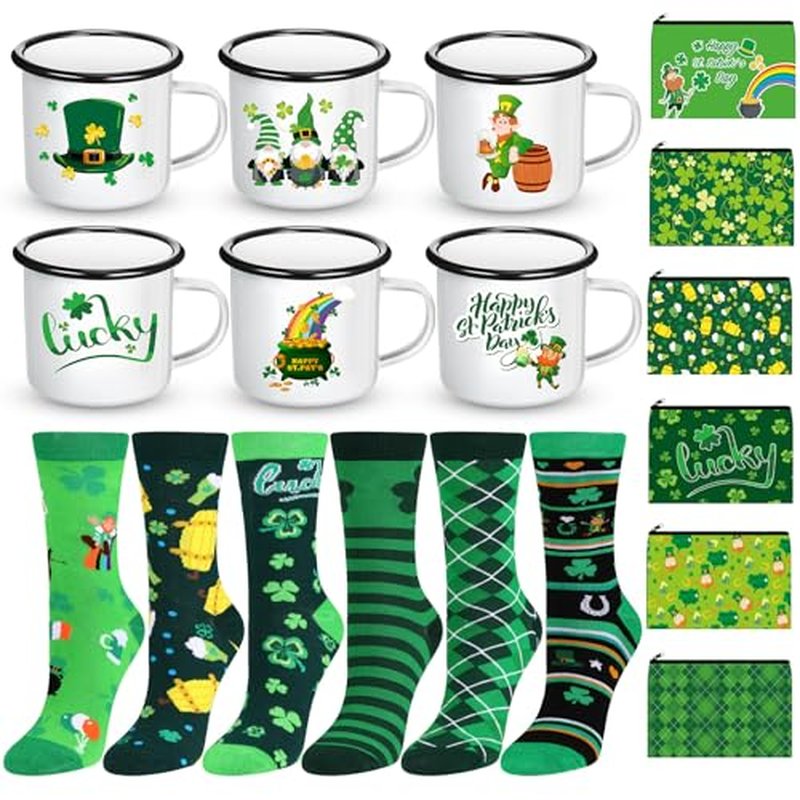 18 Pcs St Patrick's Day Gifts Set Happy St Patrick's Day Enamel Mugs Irish Shamrock Lucky Makeup Bags Green Clover Socks Bulk Party Favors Supplies for Women Coworkers Saint Patty's Decor