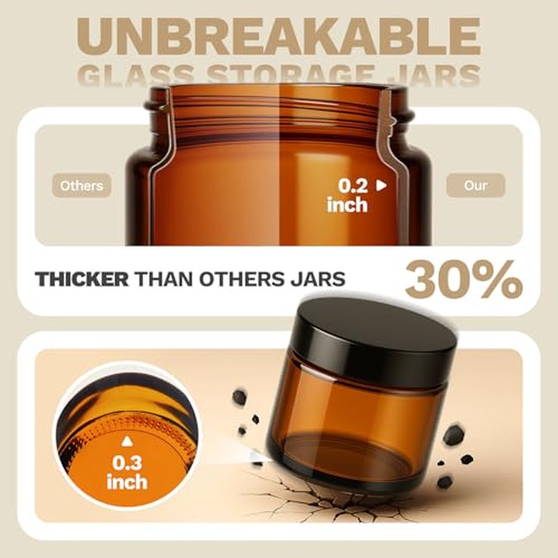 Bumobum 48 Pack 4 oz Small Glass Jars with Lids, Amber Glass Lotion Jars with Inner Liners, 120ml Round Refillable Empty Containers with Blank Labels for Cream, Body Scrub, Cosmetic