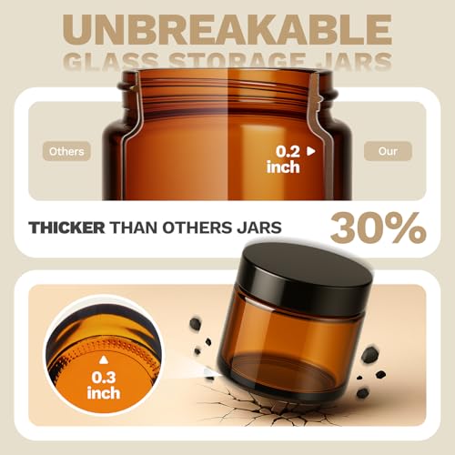 Bumobum 48 Pack 4 oz Small Glass Jars with Lids, Amber Glass Lotion Jars with Inner Liners, 120ml Round Refillable Empty Containers with Blank Labels for Cream, Body Scrub, Cosmetic