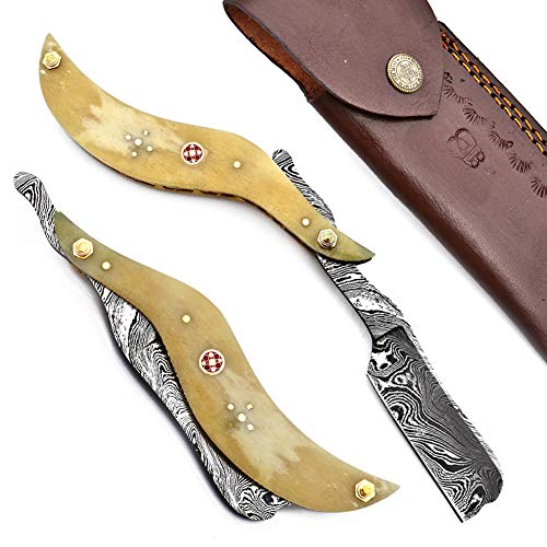 Hand Made Damascus Steel Straight Razor Folding Razor With Shaving Ready Classic Barber Blade Edge, Men Straight Razor, Leather Case + Strop, Close Shave, Great Gift R-84