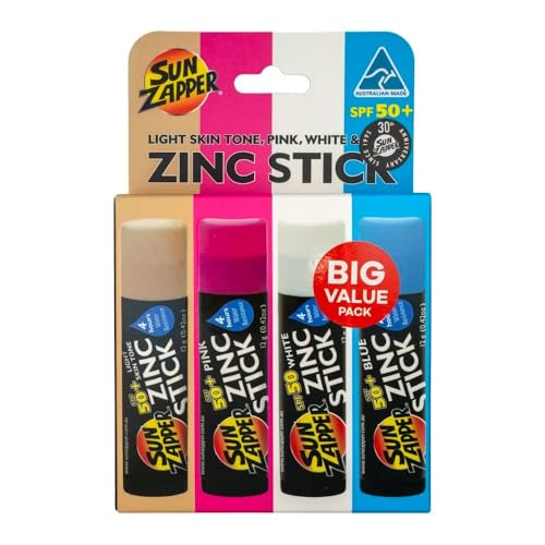 Sun Zapper Zinc Sunscreen Stick Beach 4-Pack SPF 50+ ? Mineral Sunscreen Sticks for Face, Water Resistant Zinc Sunblock for Kids and Family, Travel Size 12g (0.42 oz), Australian Made
