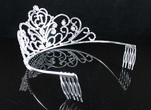 Quinceanera Tiara Crown with Rhinestones and Hair Combs - Silver Plated, Clear Austrian Crystals