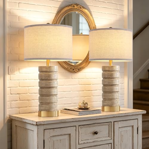 Travertine Resin Table Lamps Set of 2 - Warm Beige with Brass Bases