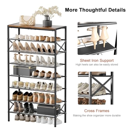 Rustic Brown 8-Tier Metal Shoe Rack with Wooden Top, Holds 24-32 Pairs