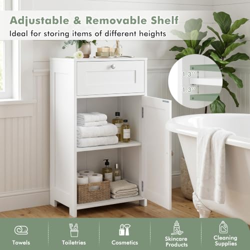 GIANTEX White Floor Bathroom Storage Cabinet 13.5"D x 17"W x 30.5"H with Door & Drawer