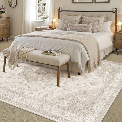 PureCozy Beige Washable Area Rug 8x10 Low Pile Vintage Oriental Carpet