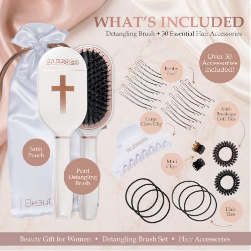 Blessed Anti-Static Hair Brush Set for Women with Boar & Nylon Bristles - Gift with Cross & Accessories - Variation of THIS listing