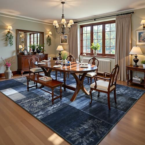 Washable Area Rug 6x9 Navy Blue Geometric Patchwork Non-Slip Stain-Resistant for Living Room