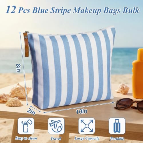Blue Striped Makeup Bags Bulk Set - 12 Reusable Canvas Cosmetic Organizers