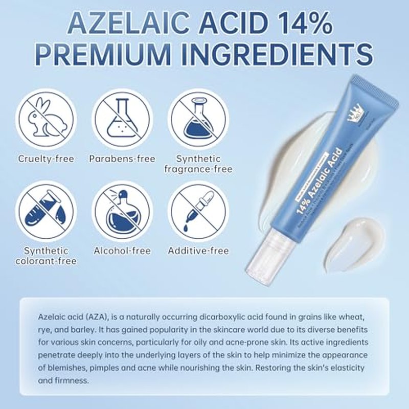 Azelaic Acid 14% Acne Cream for Redness Relief, Dark Spots, Facial Serum with Niacinamide & Vitamin C Prevent Acne Breakouts, Azelaic Acid Serum for Balance Excess Sebum & Soothe Irritation, 2 Oz.