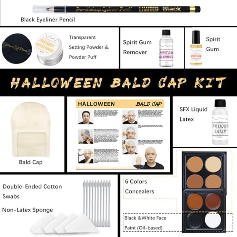 Halloween Bald Caps Costume Kit for Woman & Men - Realistic Latex Bald Cap with Adhesive Glue & Remover - Complete Makeup Set for Halloween, Zombie, Cosplay, Costume, SFX, Dress-Up Party