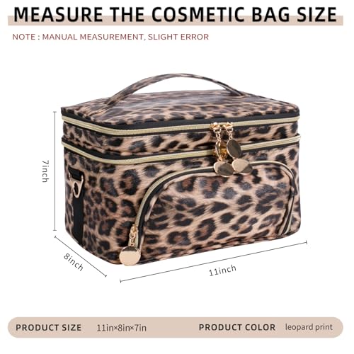 FITINI Double Layer Travel Makeup Bag - Waterproof Cosmetic Organizer with Shoulder Strap, Extra Large Brown Leopard