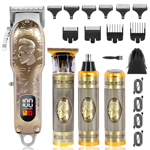Professional Hair Clipper Set Men's Cordless Hair Clipper T-Shaped Blade Beard Trimmer Nose Hair Trimmer Electric Shaver Rechargeable Professional Hair Trimmer Set (Bronze)