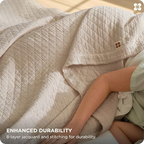 Linen Beige Twin XL Cotton Muslin Blanket - 8-Layer Diamond Quilt Bed Throw