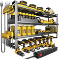 32 Inch Power Tool Wall Mount Organizer with Charging Station - Heavy Duty 4-Tier Metal Rack with Surge Power Strip and 8 Drill Holders