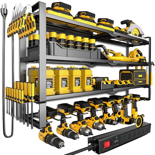 32 Inch Power Tool Wall Mount Organizer with Charging Station - Heavy Duty 4-Tier Metal Rack with Surge Power Strip and 8 Drill Holders