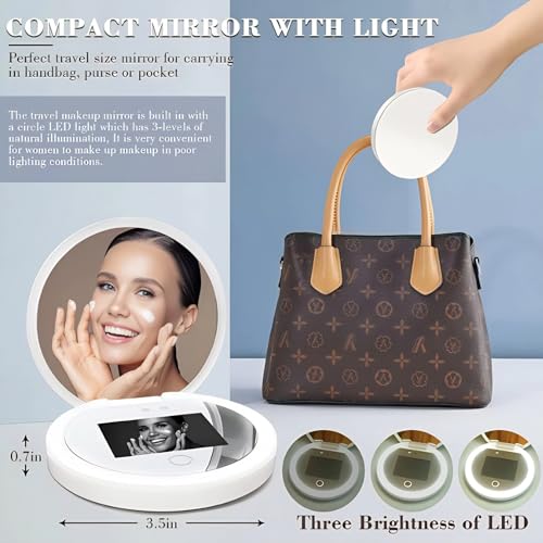 Travel Mirror with Light Intelligent Touch Control Brightness Adjustment UV Camera Lens Testing Compact Makeup Mirror with Magnification Portable LED Vanity Mirror for Travel and Home Use