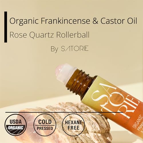 Satorie 2-Pack Organic Castor & Frankincense Oil with Rose Quartz Rollerball - USDA Certified Essential Blend Oil Roll-On, for Face, Under Eyes, Anti-aging, Dark Circles
