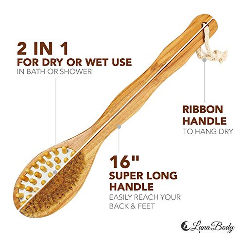 Bamboo Body Brush for Back Scrub - Natural Boar Bristle Shower Brush Scrubber with Long Handle - Exfoliate Skin and Cellulite - Wet or Dry