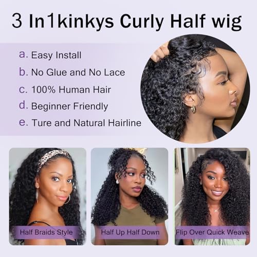 Natural Color 16 Inch Human Hair Kinky Curly Half Wig - 200% Density, Glueless, Volume