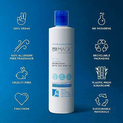 Sea Magik Refreshing Bath Shower Gel 10.14oz/ 300ml with Dead Sea Salt, Organic Seaweed and Plant extracts /100% Vegan/Sustainable Packaging