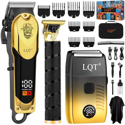 3-in-1 Barber Kit, Professional Hair Clipper, T-Blade Trimmer & Foil Shaver Set, Long-Lasting Battery, LED Display, Cordless Rechargeable Hair Cutting Tools for Men, Gold, Home-use, Gifts for Men