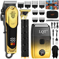 3-in-1 Barber Kit, Professional Hair Clipper, T-Blade Trimmer & Foil Shaver Set, Long-Lasting Battery, LED Display, Cordless Rechargeable Hair Cutting Tools for Men, Gold, Home-use, Gifts for Men