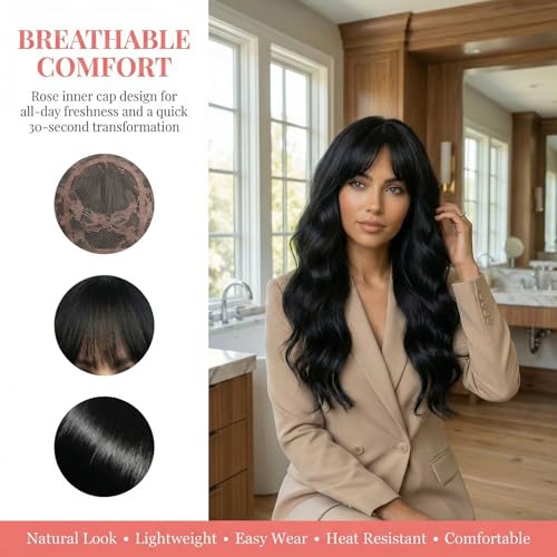 Black Body Wave Wig for Women - 26 Inch Long Synthetic Wig with Bangs - Natural Look - Variation: Black