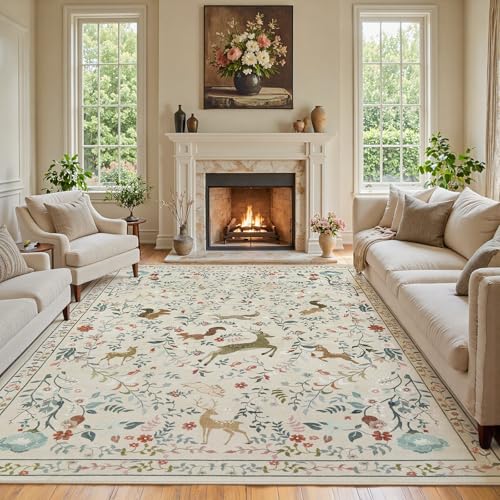 Yidanamy 8x10 Beige Boho Floral Washable Area Rug for Living Room & Bedroom