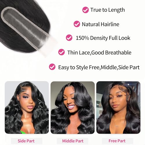Brazilian Virgin Hair Lace Closure 16 Inch Body Wave HD Transparent Lace - Natural Black - Variation of Body Wave Bundles