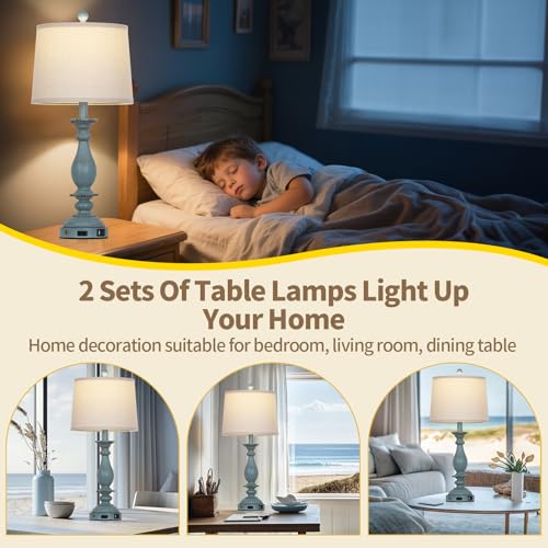 Blue Coastal Table Lamps Set of 2 - 28 Inch Dimmable Bedside Touch Lamps with USB & Outlet
