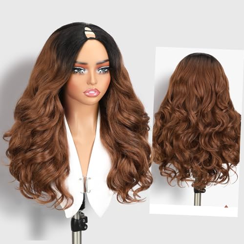Ombre Brown Yaki Curly V Part Wig 18 Inch Layered Synthetic Half Wig