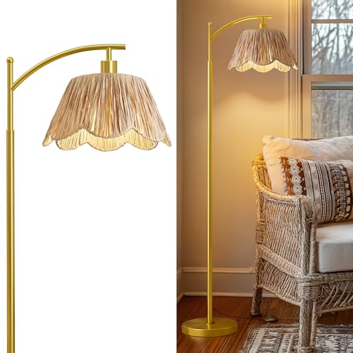 Oneach Arc Floor Lamp Brushed Gold Rattan Boho Floor Lamp Decor with Hand-Woven Shade, Foot Switch, 62.5-Inch